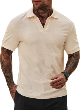 Mens Terry Polo Shirts Johnny Collar Casual Summer Short Sleeve Buttonless Shirt (S-XXL)