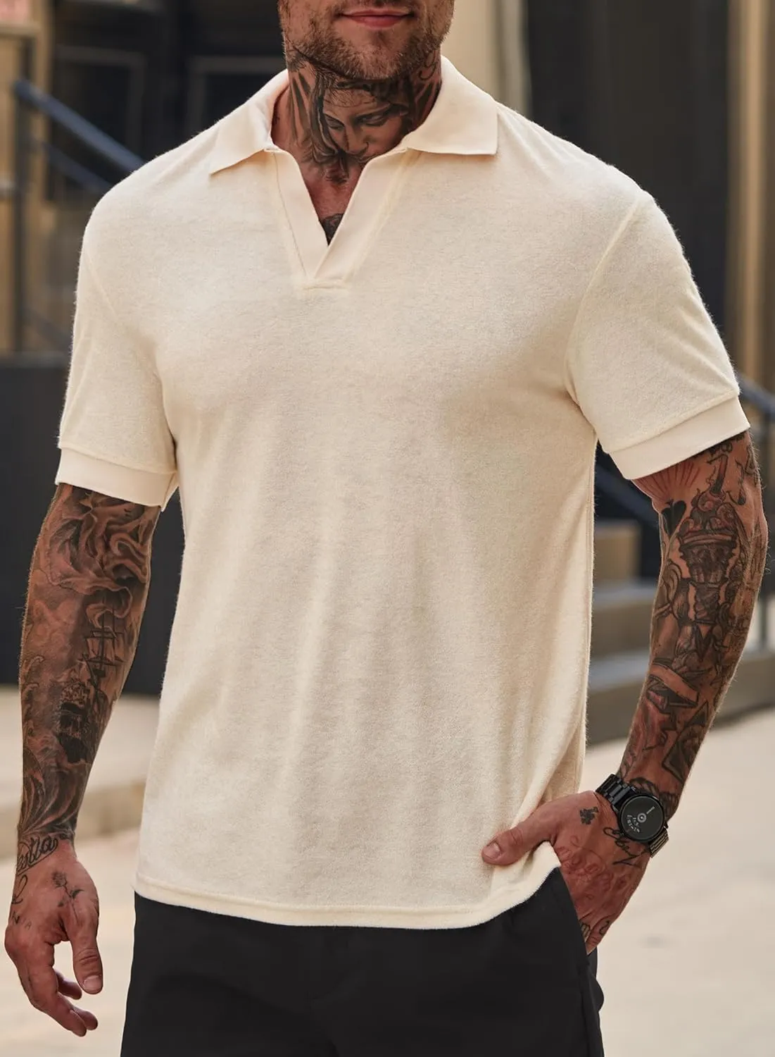 Mens Terry Polo Shirts Johnny Collar Casual Summer Short Sleeve Buttonless Shirt (S-XXL)