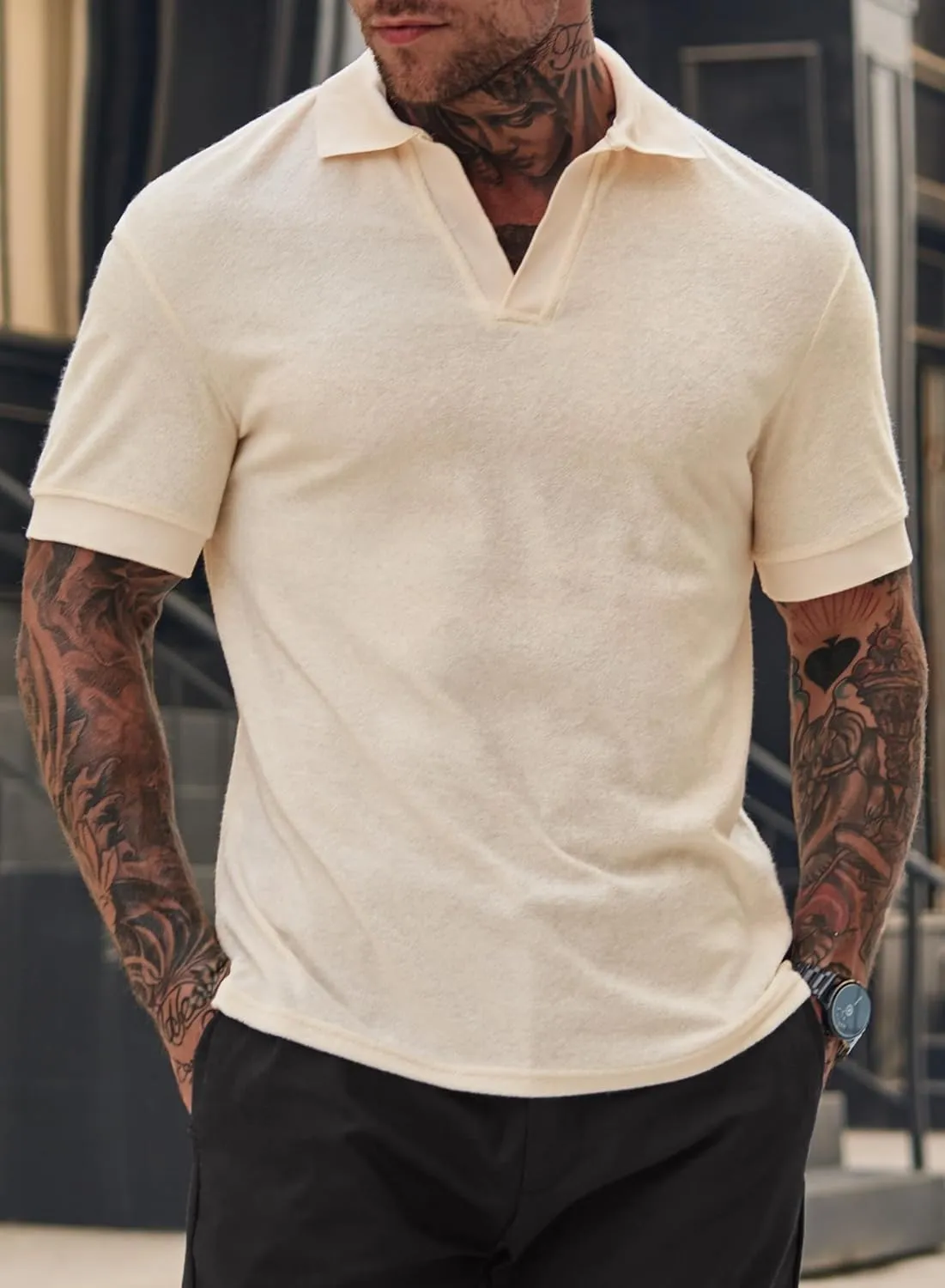 Mens Terry Polo Shirts Johnny Collar Casual Summer Short Sleeve Buttonless Shirt (S-XXL)