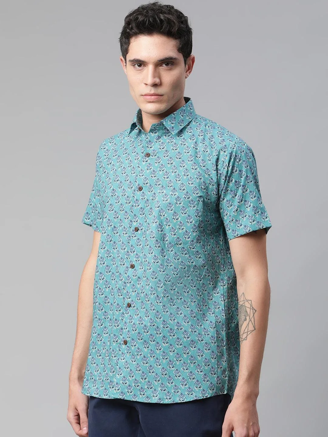 Millennial Men Turquoise Blue & Blue  Cotton  Half Sleeve Shirt For Men-Mmh0179