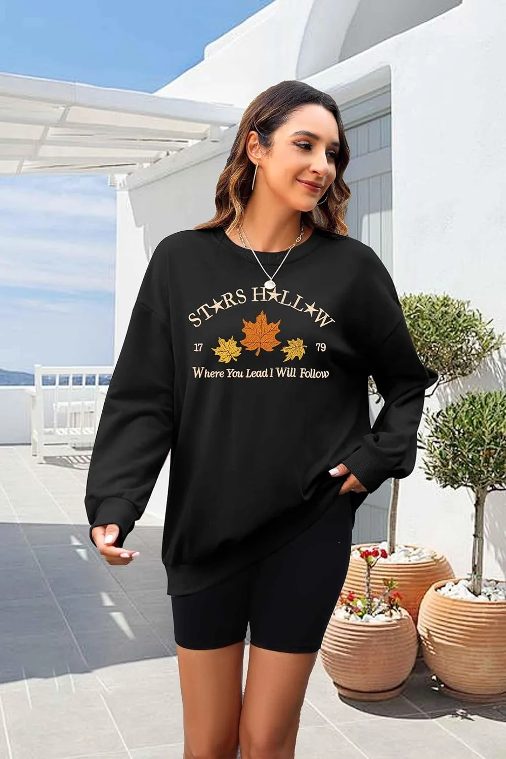 MYHALF Crewneck Sweatshirt for Women Fall Leaf Graphic Sweatshirts Vacation Long Sleeve Drop Shoulder Pullover