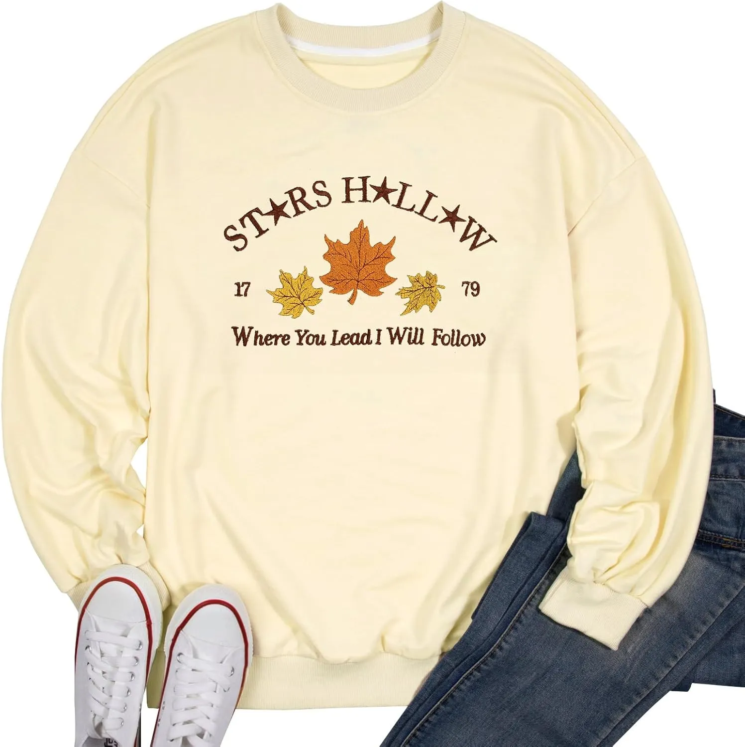 MYHALF Crewneck Sweatshirt for Women Fall Leaf Graphic Sweatshirts Vacation Long Sleeve Drop Shoulder Pullover