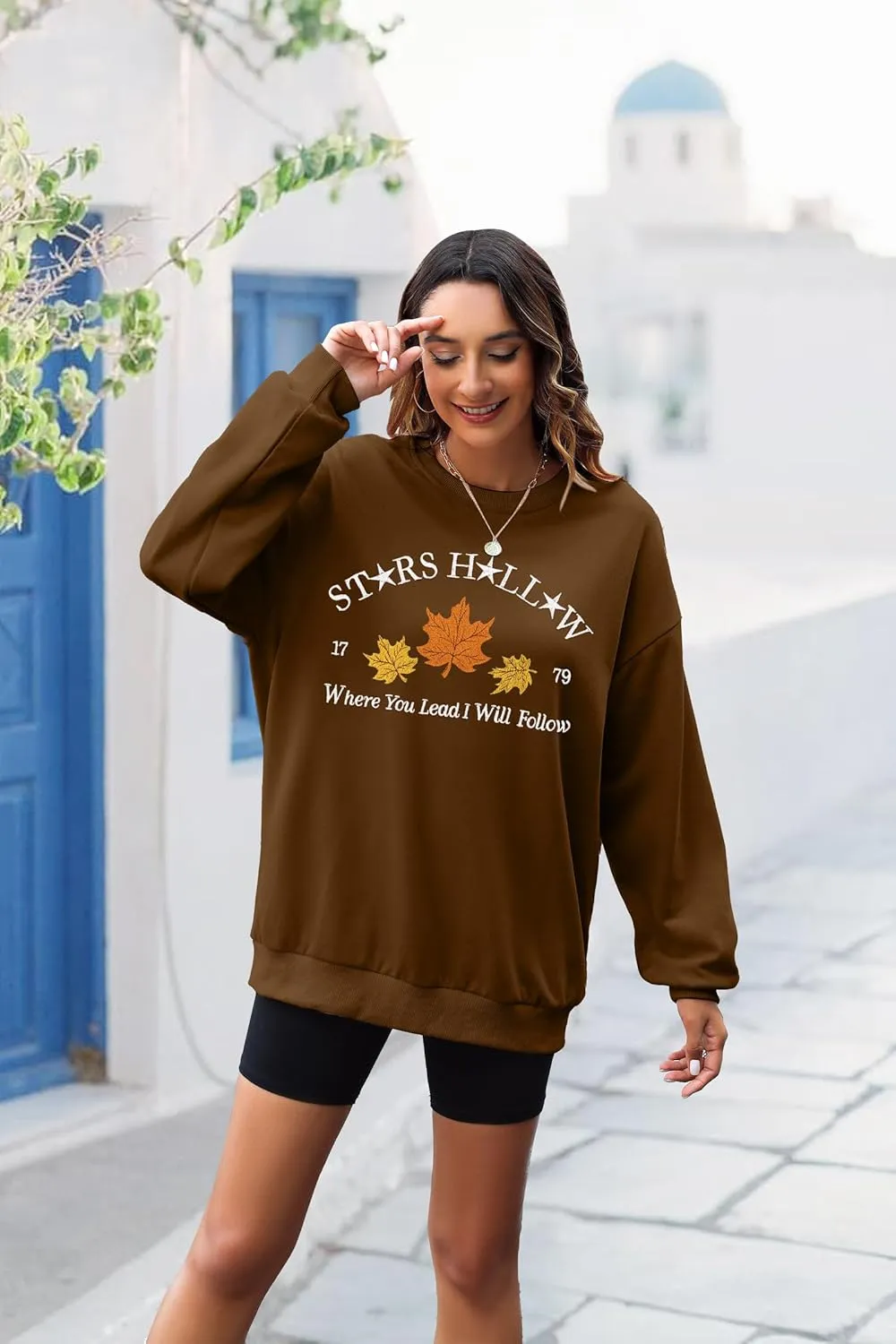MYHALF Crewneck Sweatshirt for Women Fall Leaf Graphic Sweatshirts Vacation Long Sleeve Drop Shoulder Pullover