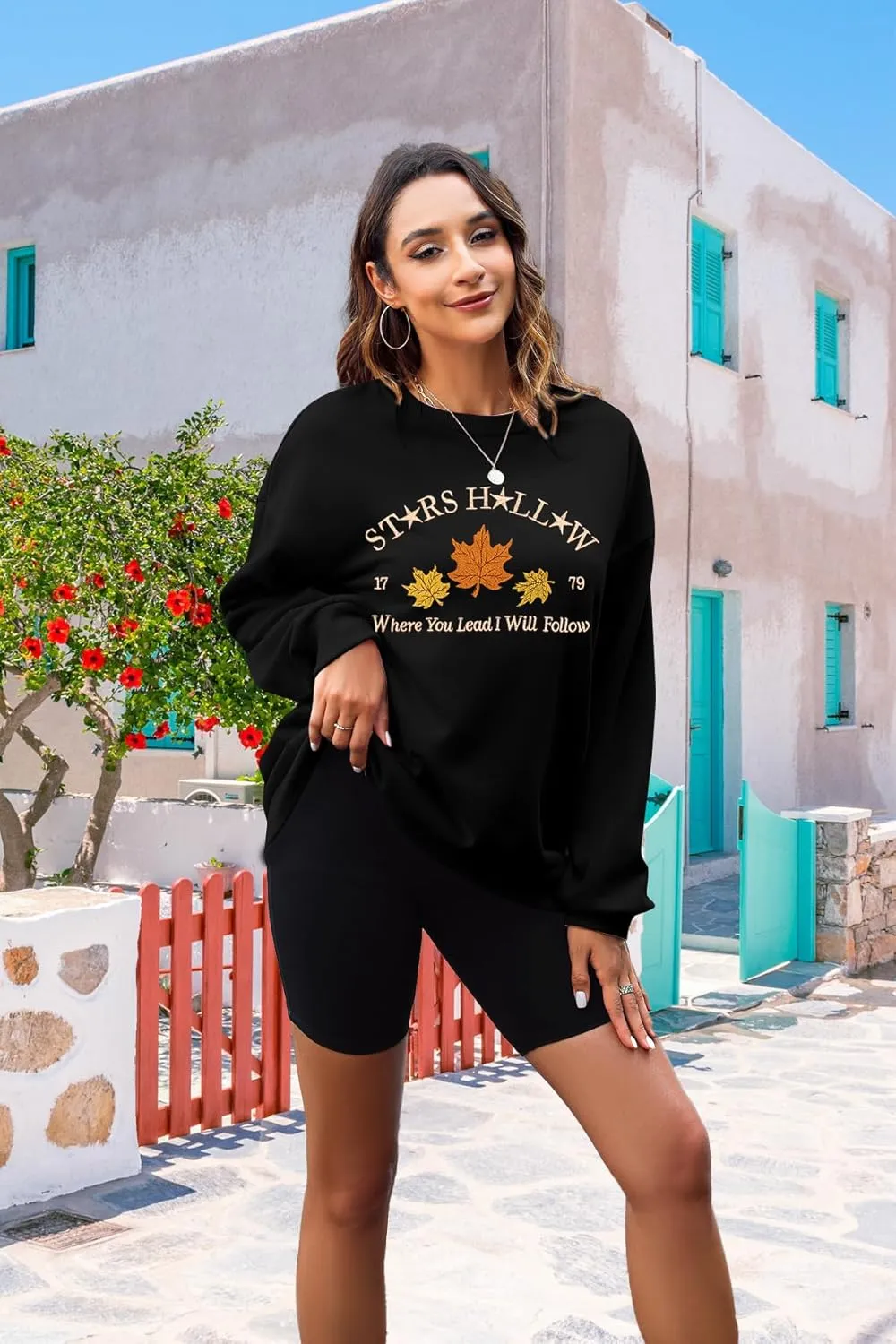 MYHALF Crewneck Sweatshirt for Women Fall Leaf Graphic Sweatshirts Vacation Long Sleeve Drop Shoulder Pullover