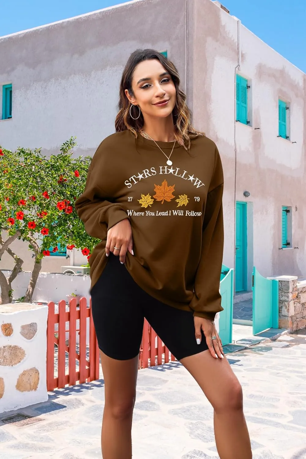 MYHALF Crewneck Sweatshirt for Women Fall Leaf Graphic Sweatshirts Vacation Long Sleeve Drop Shoulder Pullover