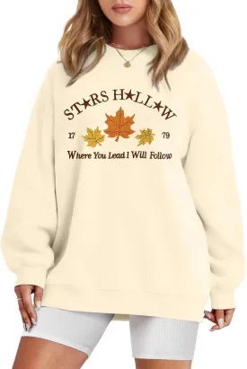 MYHALF Crewneck Sweatshirt for Women Fall Leaf Graphic Sweatshirts Vacation Long Sleeve Drop Shoulder Pullover