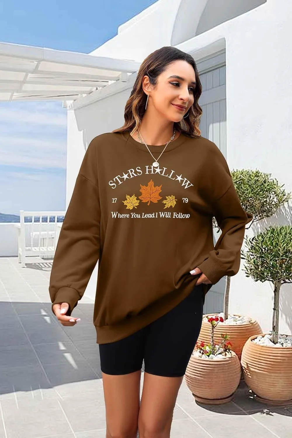MYHALF Crewneck Sweatshirt for Women Fall Leaf Graphic Sweatshirts Vacation Long Sleeve Drop Shoulder Pullover