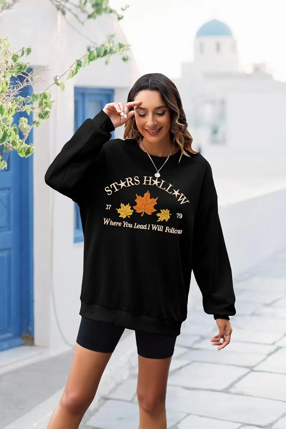 MYHALF Crewneck Sweatshirt for Women Fall Leaf Graphic Sweatshirts Vacation Long Sleeve Drop Shoulder Pullover