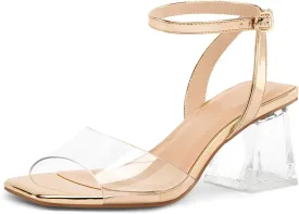 mysoft Women's Clear Heels Low Chunky Heel Open Toe Transparent Zebra Rhinestones Block Heeled Sandals Ankle Strap Shoes