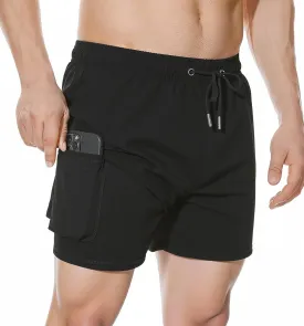 Mywu Mens Swim Trunks with Compression Liner 5 Inch Board Shorts Quick Dry Swimwear 2 in 1 Beach Shorts Bathing Suit
