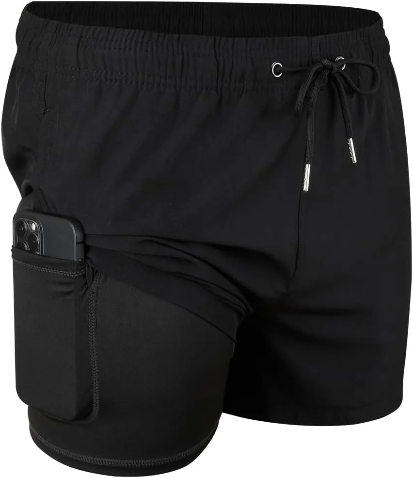 Mywu Mens Swim Trunks with Compression Liner 5 Inch Board Shorts Quick Dry Swimwear 2 in 1 Beach Shorts Bathing Suit