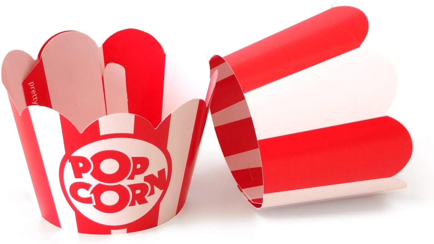 Popcorn Cupcake Wrappers, Red and White Striped - Circus Party Supplies, Carnival Decorations, and Movie Night Theme - Set of 48 for Birthday Parties and Celebrations