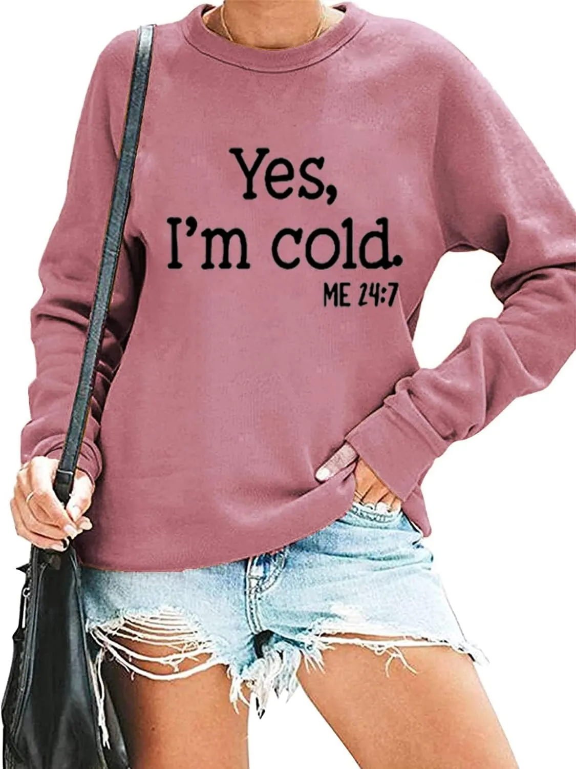 QIANRUO Yes I'm Cold Me 24:7 Sweatshirt for Women Funny Letter Print Fall Winter Sweatshirt Long Sleeve Crewneck Pullover Top