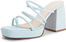 Rilista Women's Chunky Heels Strappy Platform Square Toe Block Heeled Sandals Slip On Mules