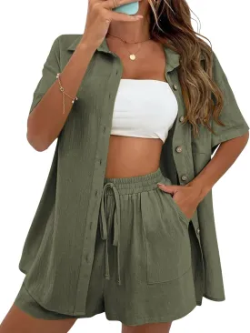 SeekMe Linen Short Sets for Women Short Sleeve Top Shorts 2 Piece Summer Beach Vacation Outfits Lounge Tracksuits