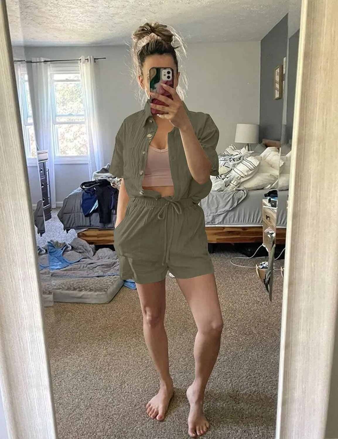 SeekMe Linen Short Sets for Women Short Sleeve Top Shorts 2 Piece Summer Beach Vacation Outfits Lounge Tracksuits