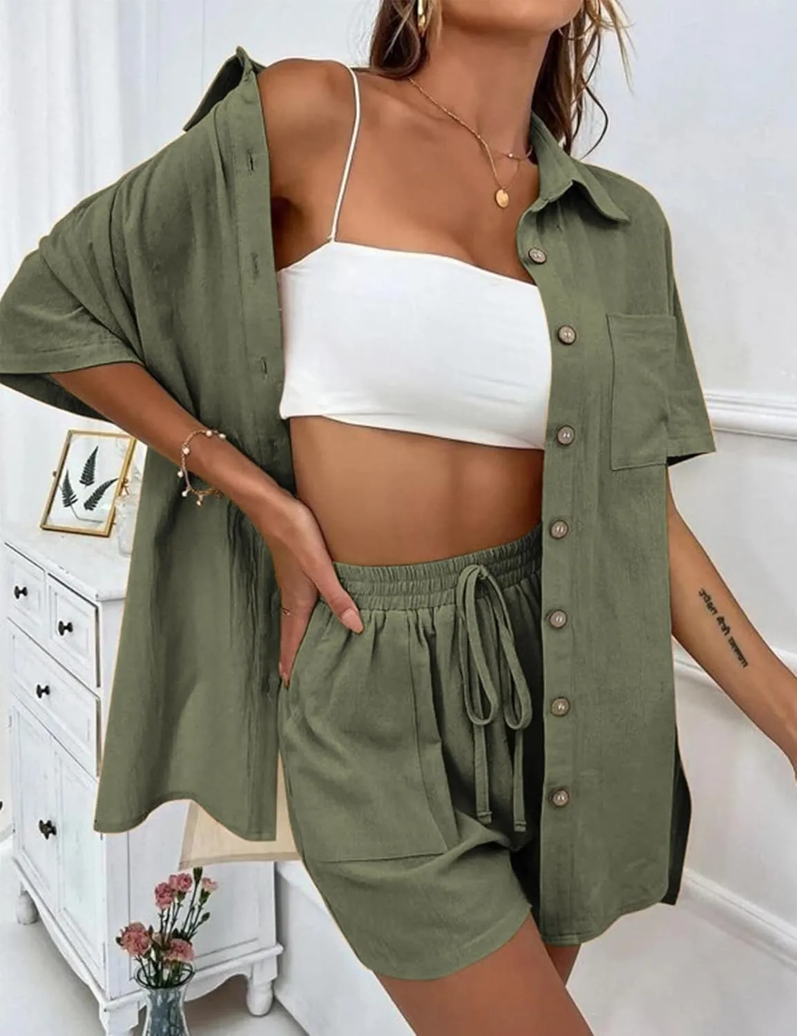 SeekMe Linen Short Sets for Women Short Sleeve Top Shorts 2 Piece Summer Beach Vacation Outfits Lounge Tracksuits