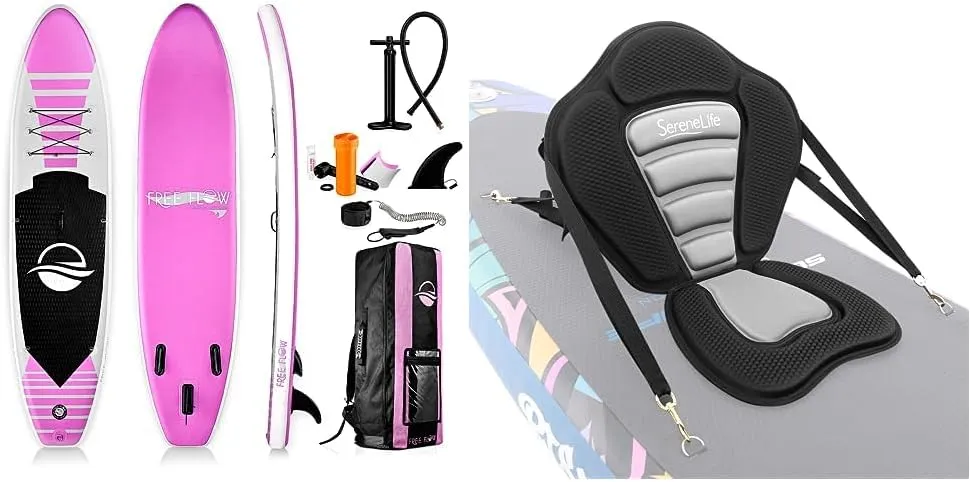 SereneLife Inflatable Stand Up Paddle Board (6" Thick), Pink & Universal Paddle-Board Seat - Adjustable Paddle Board Seat