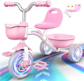 Toddler Tricycle for 1-3 3-5 Year Olds, Toddler Toys Baby Bike, Toys for Ages 2-4, 3-Level Adjustable Seat, 3 Colorful Lighting Wheels, 2 3 4 5 Year Old Girl Birthday Gifts Pink