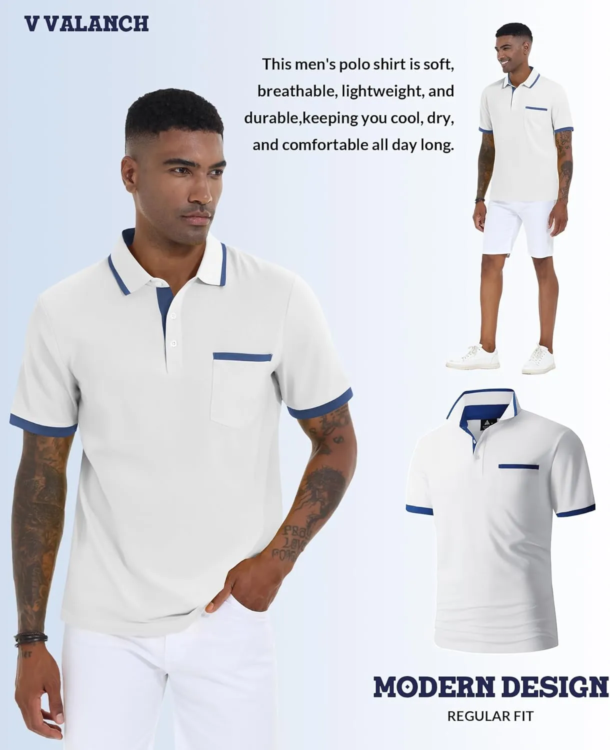 V VALANCH Polo Shirt for Men Short Sleeve Golf Polo Moisture Wicking Collared Tennis T Shirt