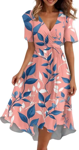 Womens Boho Floral Printed Chiffon Dresses 2025 Elegant V Neck Belted Summer Wedding Prom Cocktail Midi Dresses