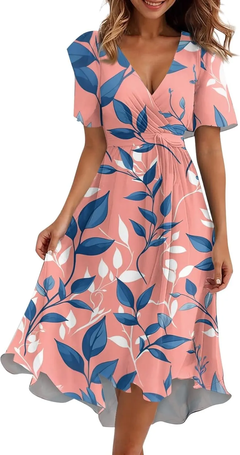 Womens Boho Floral Printed Chiffon Dresses 2025 Elegant V Neck Belted Summer Wedding Prom Cocktail Midi Dresses