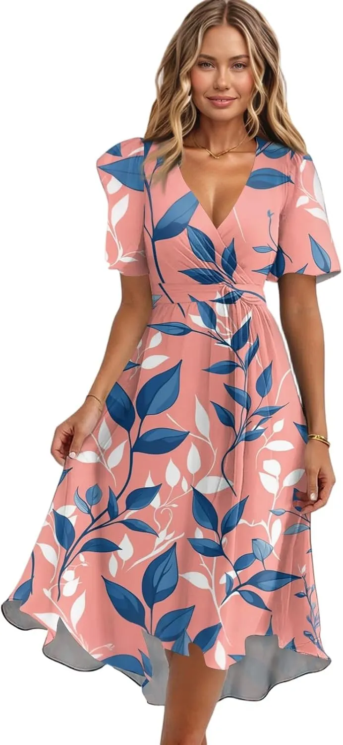Womens Boho Floral Printed Chiffon Dresses 2025 Elegant V Neck Belted Summer Wedding Prom Cocktail Midi Dresses