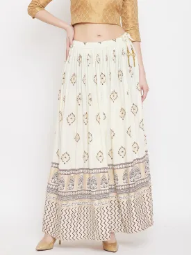 Women'S Cream Flared Printed Maxi Skirt