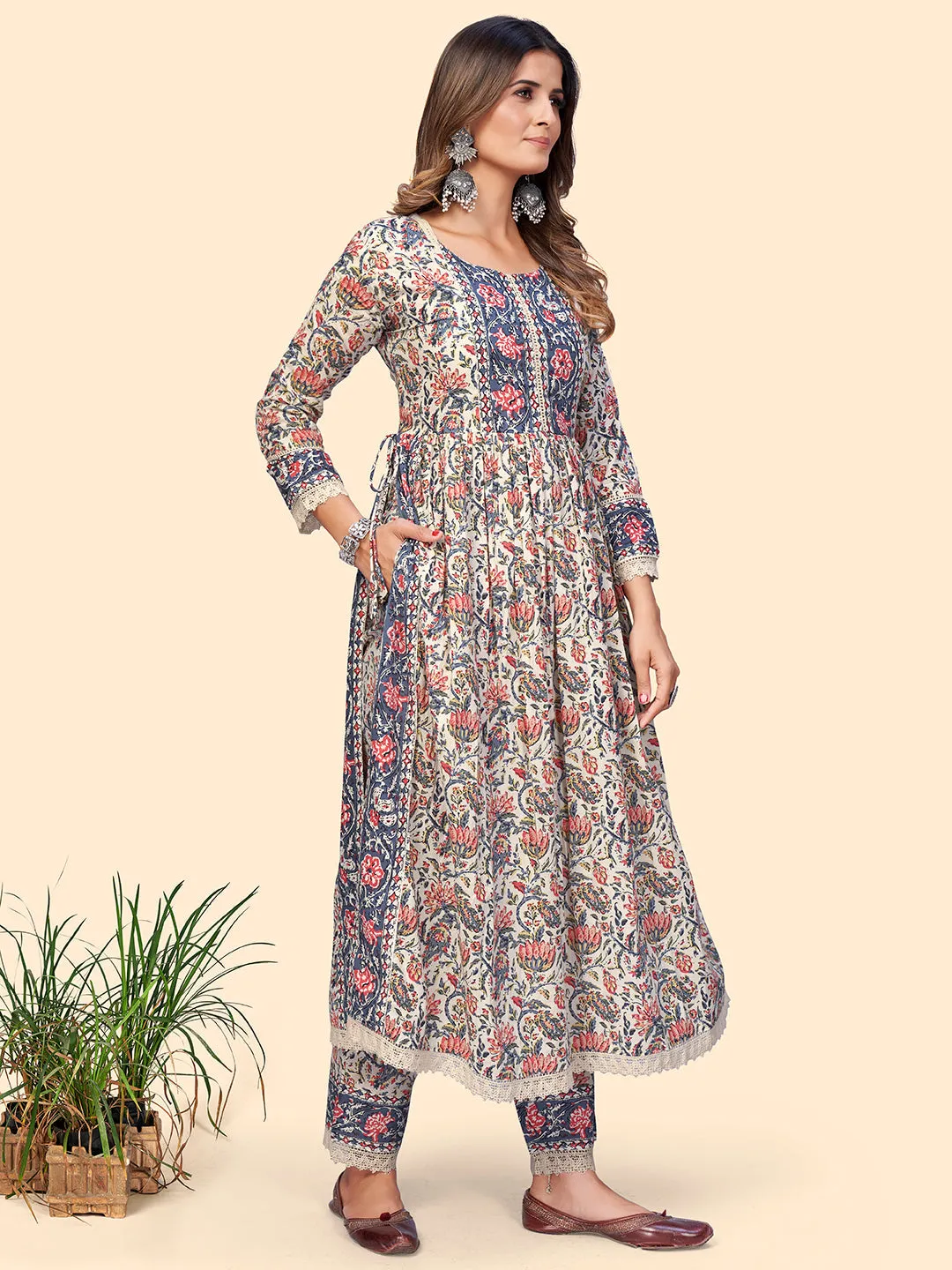 Women'S Floral Print Straight Cotton Beige Stitched Kurta Pant With Dupatta