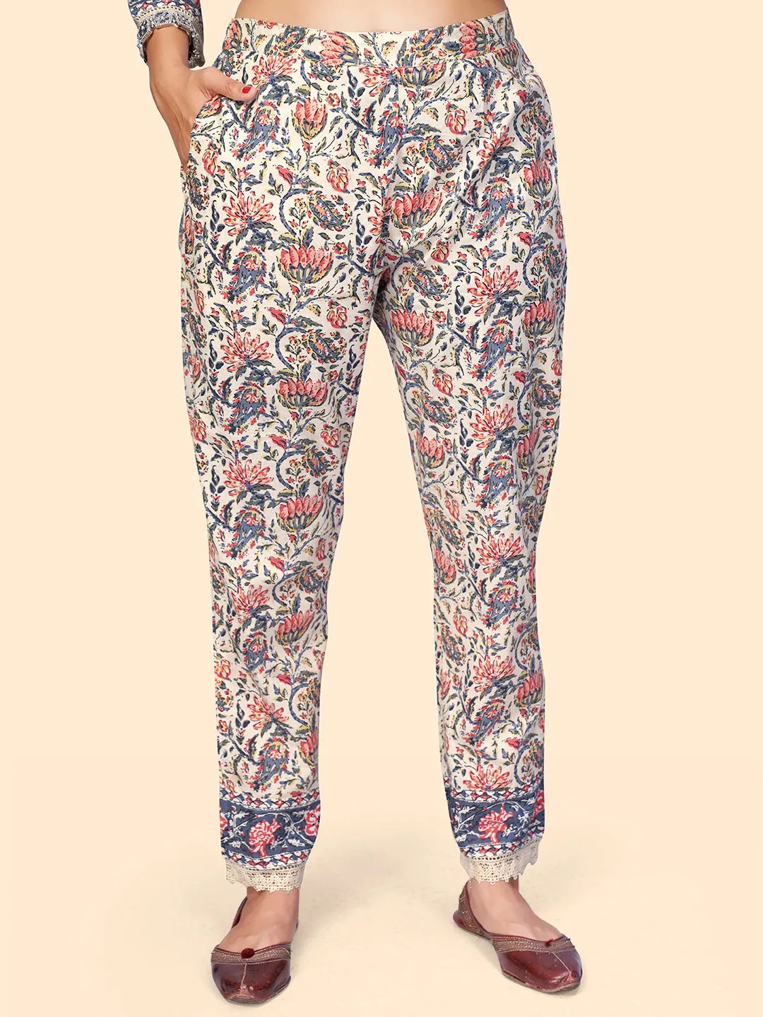 Women'S Floral Print Straight Cotton Beige Stitched Kurta Pant With Dupatta