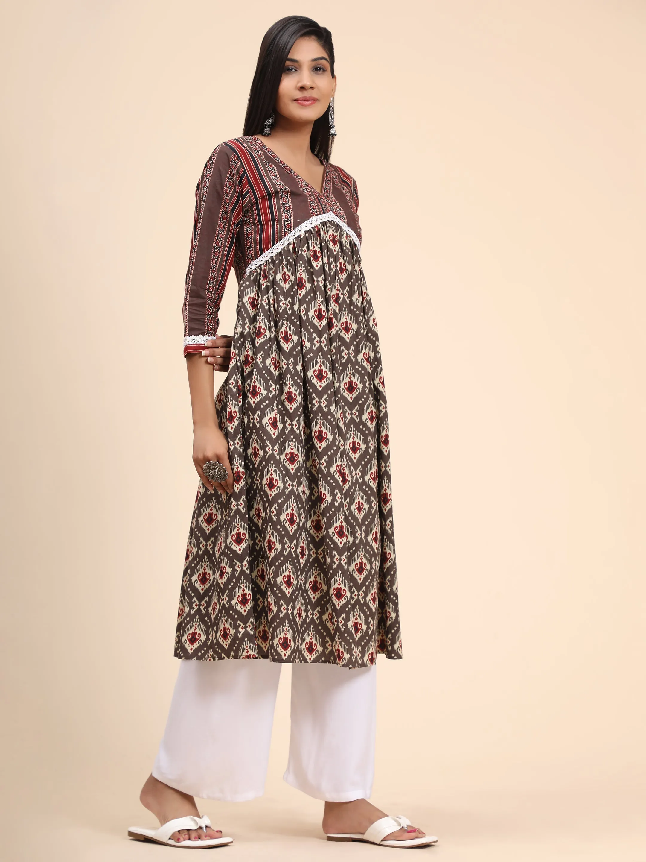 Women'S Printed A-Line Cotton Brown Stitched Kurta