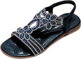 Womens Wedge Sandals Rhinestone Open Toe Slingback Sandals with Elastic Ankle Strap Orthotic Bohemian Beach Shoes