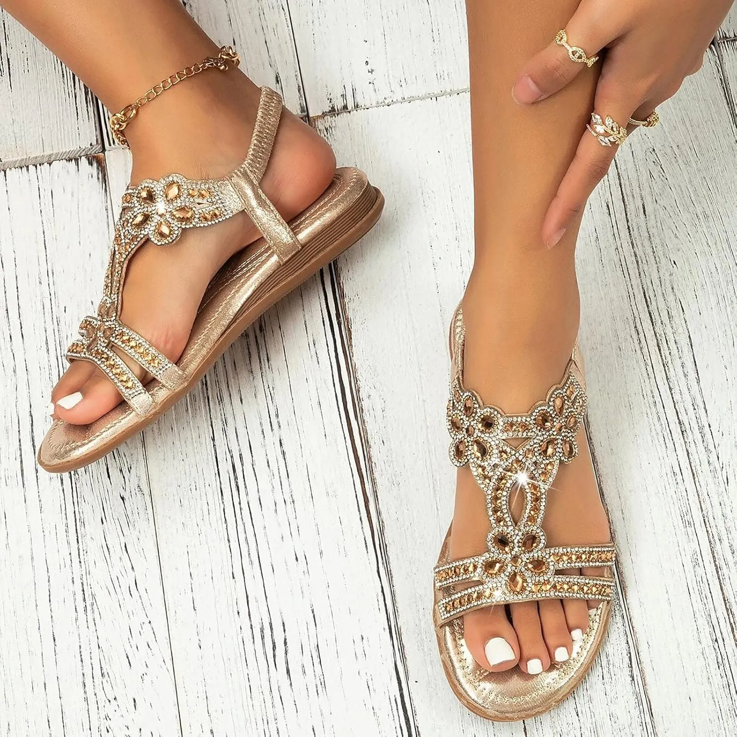 Womens Wedge Sandals Rhinestone Open Toe Slingback Sandals with Elastic Ankle Strap Orthotic Bohemian Beach Shoes