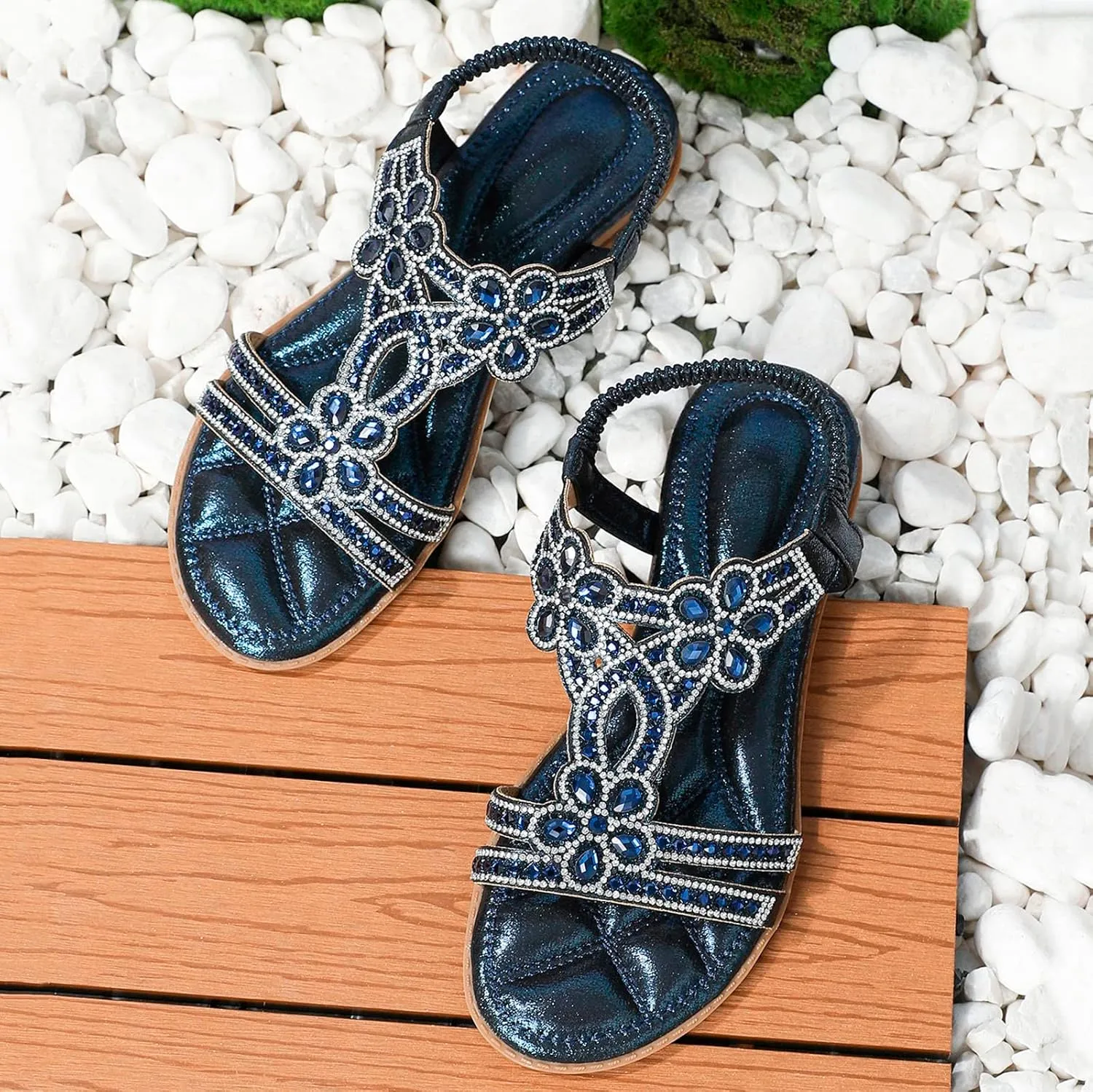 Womens Wedge Sandals Rhinestone Open Toe Slingback Sandals with Elastic Ankle Strap Orthotic Bohemian Beach Shoes