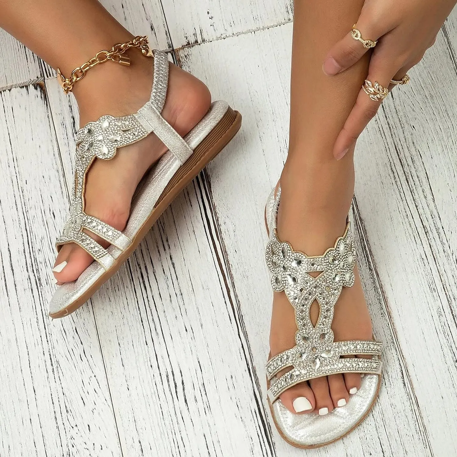 Womens Wedge Sandals Rhinestone Open Toe Slingback Sandals with Elastic Ankle Strap Orthotic Bohemian Beach Shoes