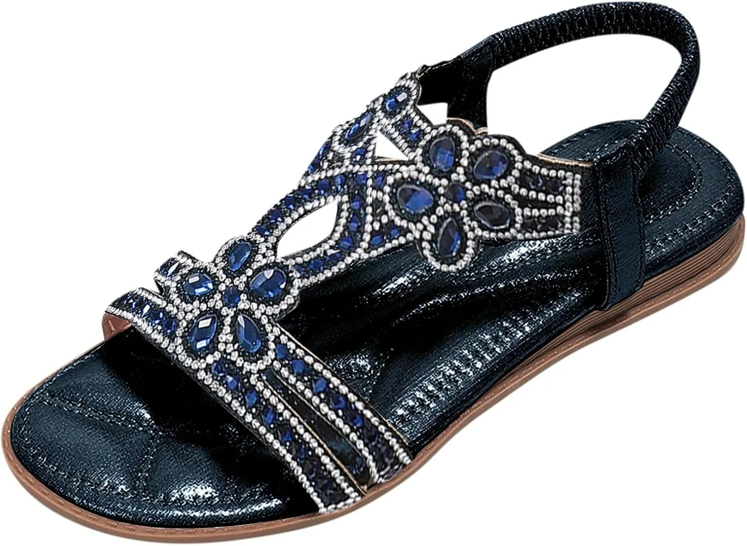 Womens Wedge Sandals Rhinestone Open Toe Slingback Sandals with Elastic Ankle Strap Orthotic Bohemian Beach Shoes