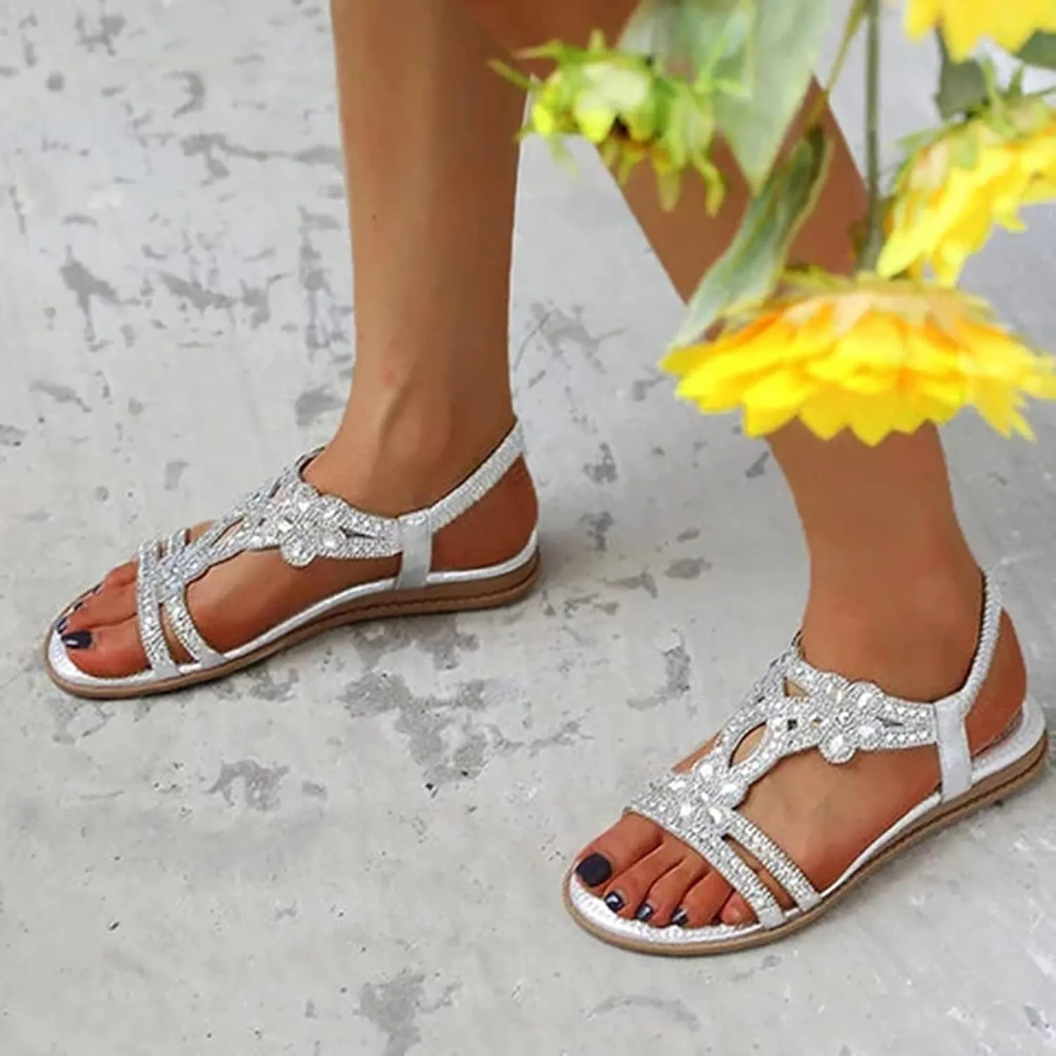 Womens Wedge Sandals Rhinestone Open Toe Slingback Sandals with Elastic Ankle Strap Orthotic Bohemian Beach Shoes