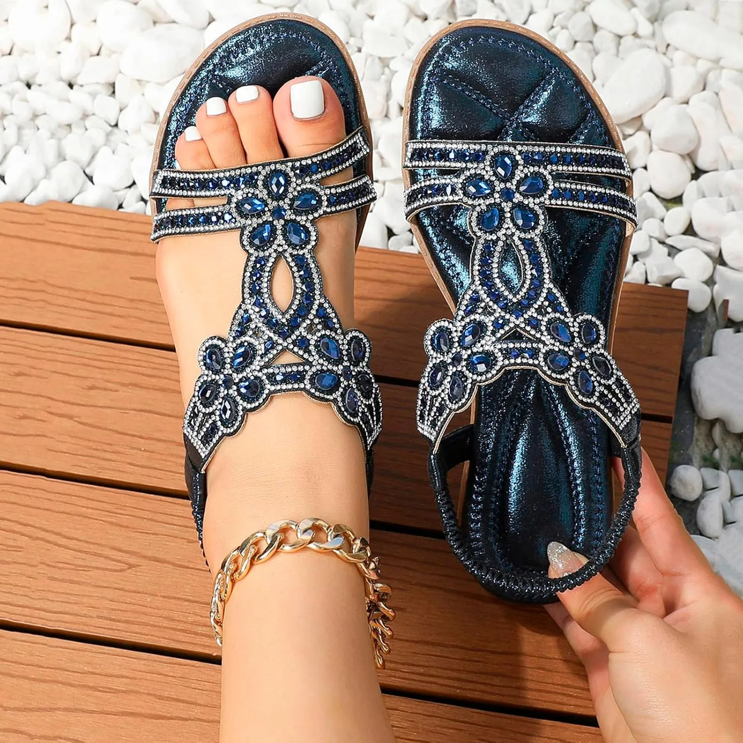 Womens Wedge Sandals Rhinestone Open Toe Slingback Sandals with Elastic Ankle Strap Orthotic Bohemian Beach Shoes