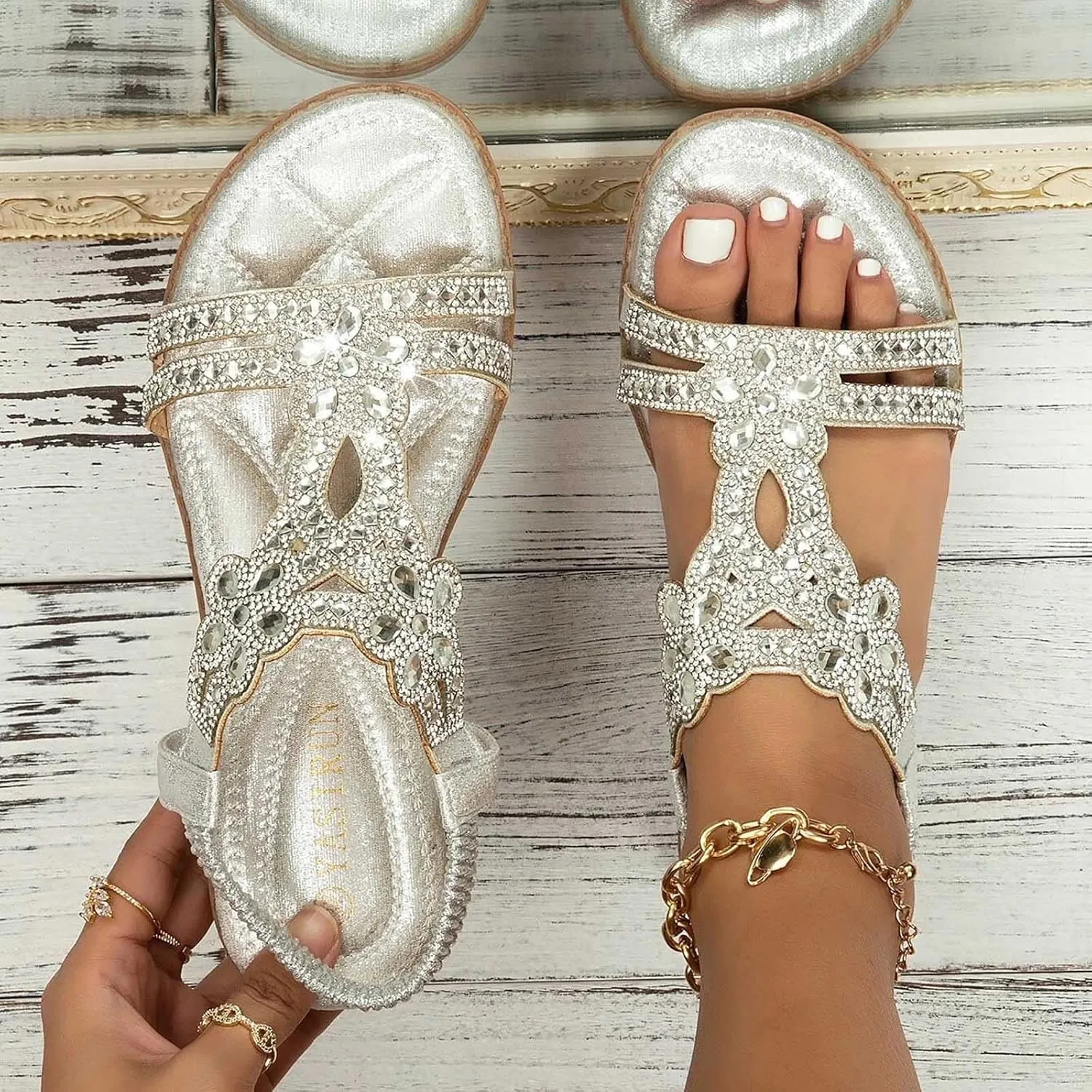 Womens Wedge Sandals Rhinestone Open Toe Slingback Sandals with Elastic Ankle Strap Orthotic Bohemian Beach Shoes