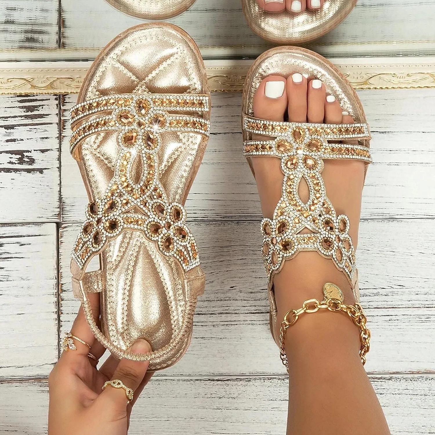 Womens Wedge Sandals Rhinestone Open Toe Slingback Sandals with Elastic Ankle Strap Orthotic Bohemian Beach Shoes