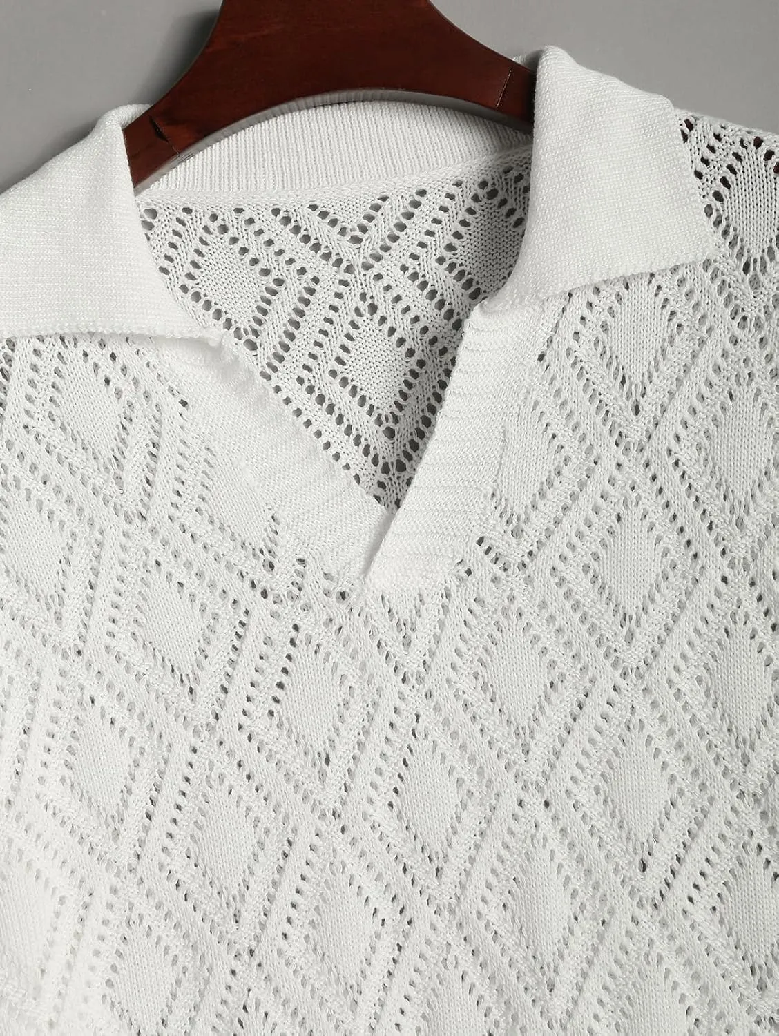 ZAFUL Men's Geometric Openwork Polo Collar Pointelle Knit Short Sleeves Shirt