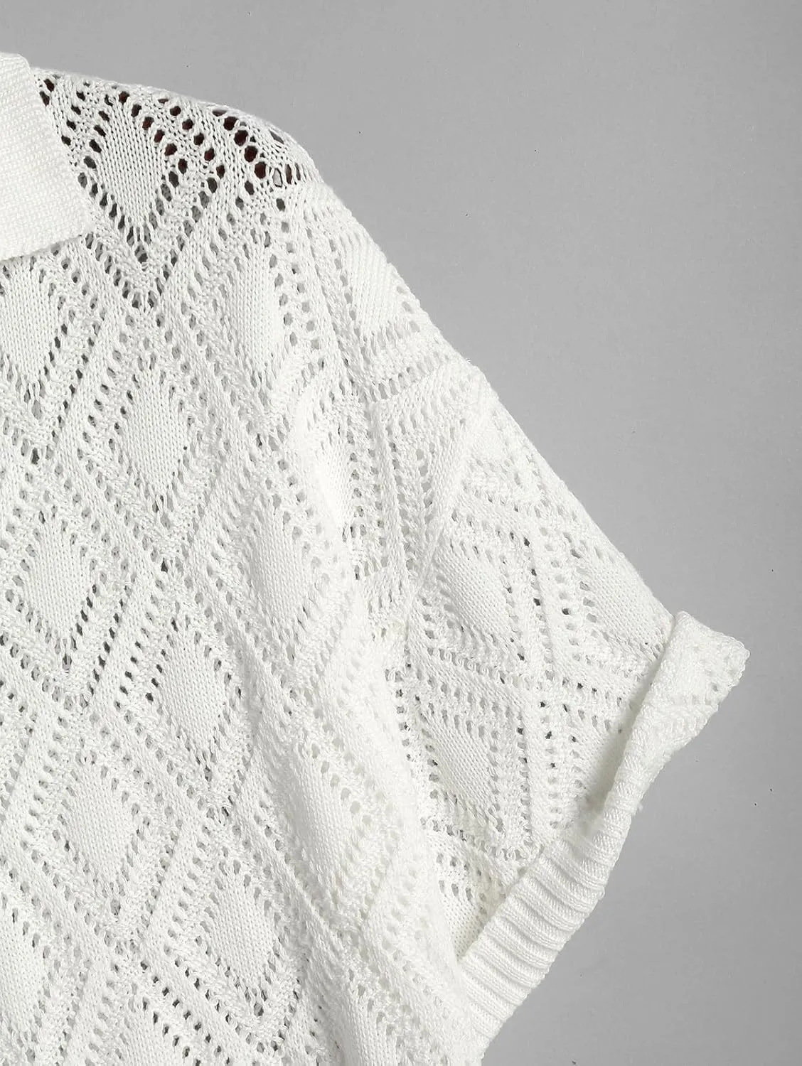 ZAFUL Men's Geometric Openwork Polo Collar Pointelle Knit Short Sleeves Shirt
