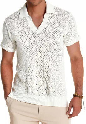 ZAFUL Men's Geometric Openwork Polo Collar Pointelle Knit Short Sleeves Shirt