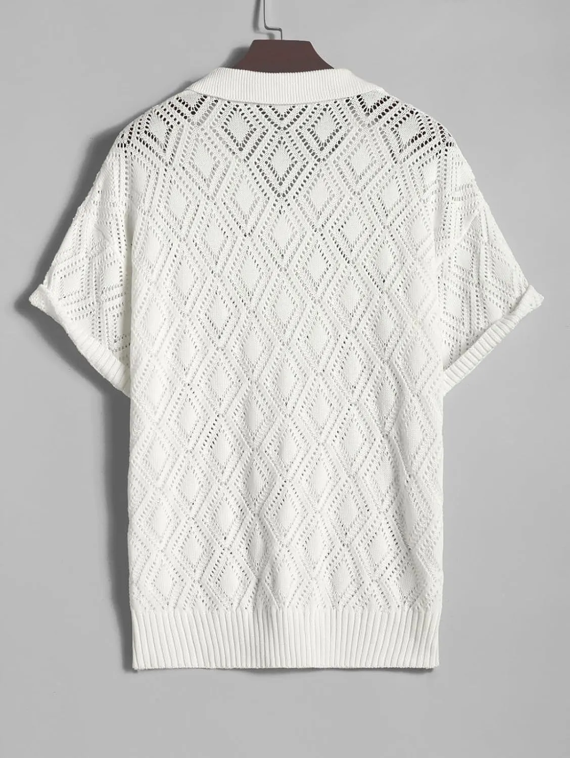 ZAFUL Men's Geometric Openwork Polo Collar Pointelle Knit Short Sleeves Shirt