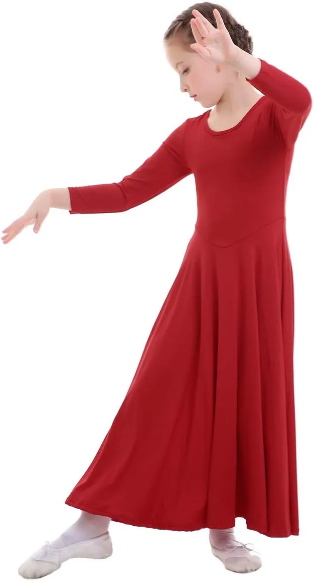 ZX Girls Long Sleeve Praise Dance Dress Full Length Wide Swing Lyrical Dancewear Liturgical Worship Costume