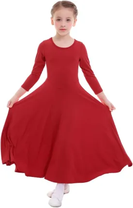ZX Girls Long Sleeve Praise Dance Dress Full Length Wide Swing Lyrical Dancewear Liturgical Worship Costume
