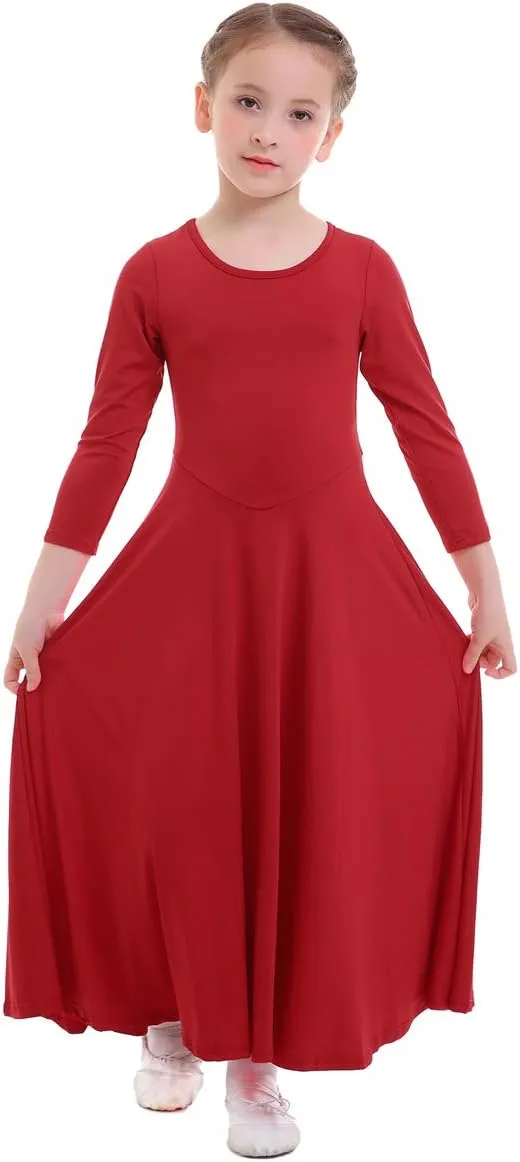 ZX Girls Long Sleeve Praise Dance Dress Full Length Wide Swing Lyrical Dancewear Liturgical Worship Costume