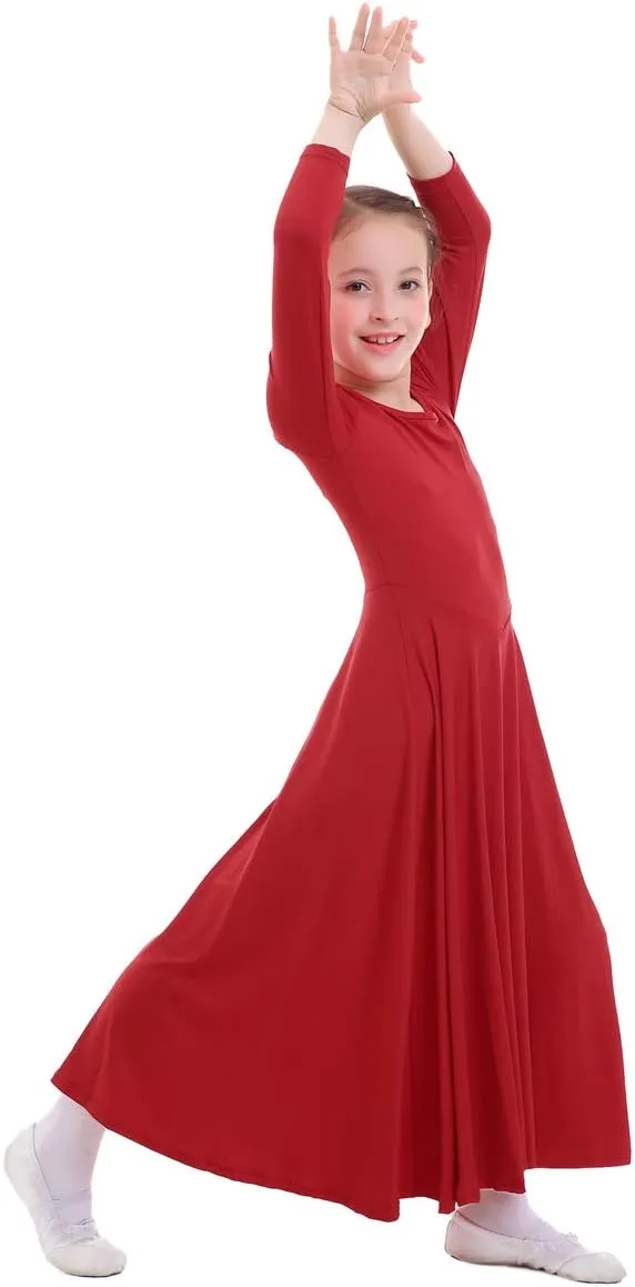 ZX Girls Long Sleeve Praise Dance Dress Full Length Wide Swing Lyrical Dancewear Liturgical Worship Costume