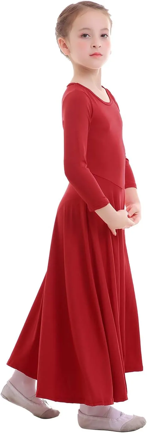 ZX Girls Long Sleeve Praise Dance Dress Full Length Wide Swing Lyrical Dancewear Liturgical Worship Costume